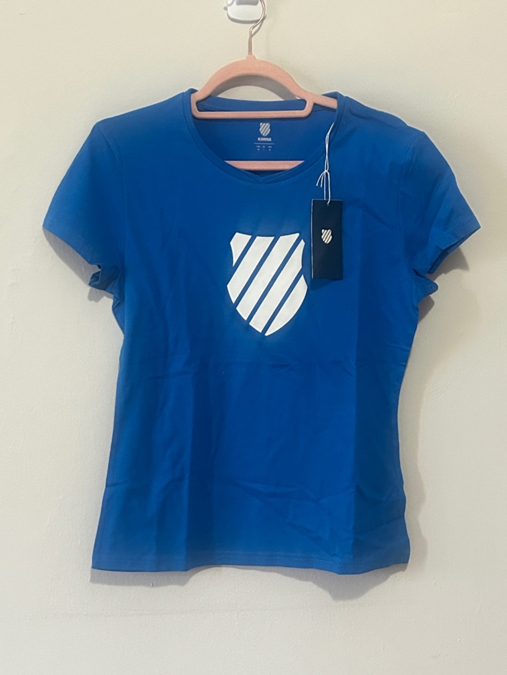 K Swiss blue Performance Tee with White Shield Logo NWT